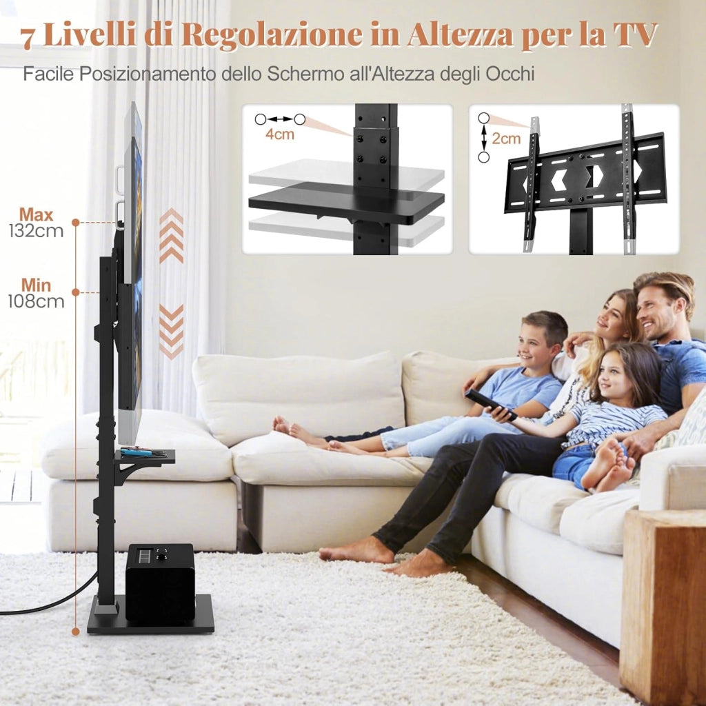 Supporto TV da Pavimento da 32-70 Pollici, Piedistallo TV Regolabile in Altezza e Inclinazione con Presa di Corrente e Ripiano AV, Portata 50 kg, Porta TV per Soggiorno