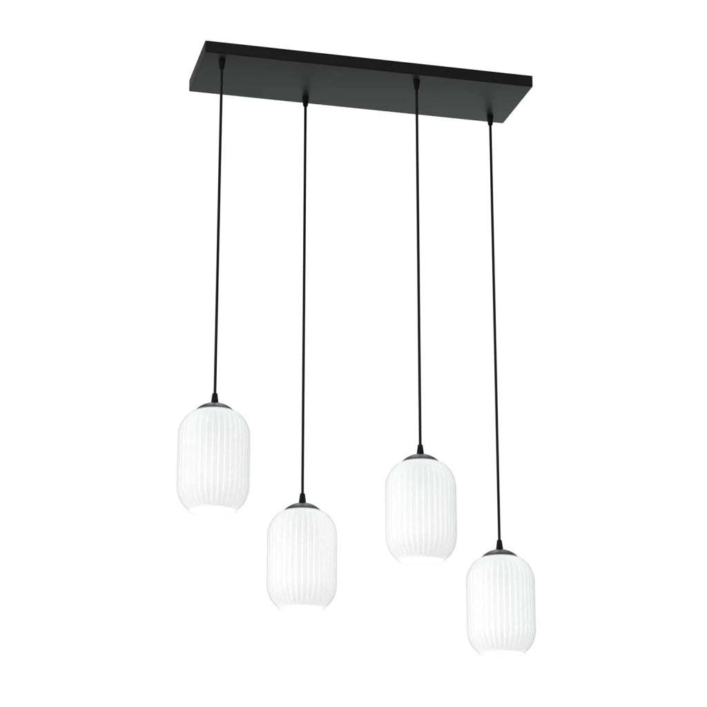 Lampadario 4 Luci Selene In Acciaio Nero E Vetri Plissettati Bianchi
