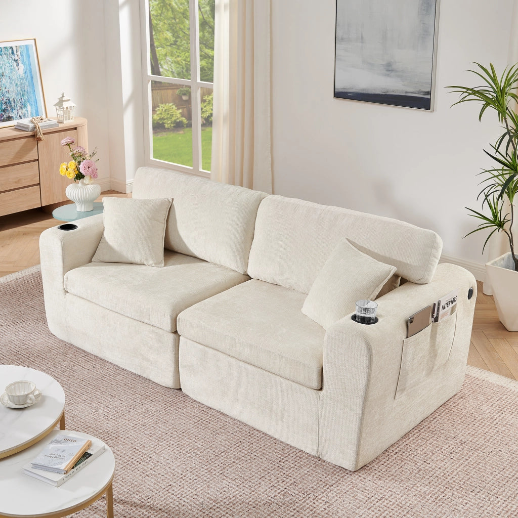 Divano a 2 posti compatto con tasca laterale, portabicchieri, cuscini e ricarica USB in chenille beige