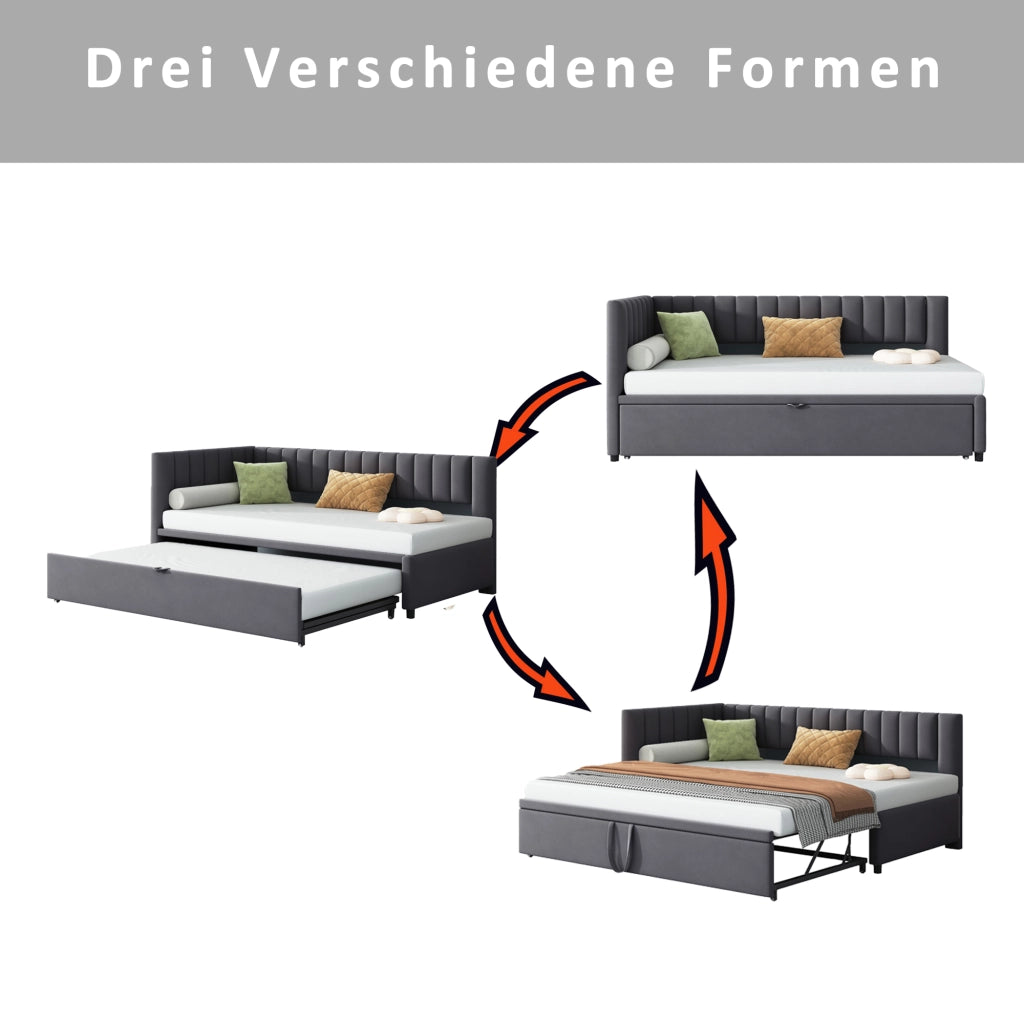 Letto estraibile una piazza e mezza 90×200 cm e 180×200 cm con divano a L; senza materasso; velluto; grigio