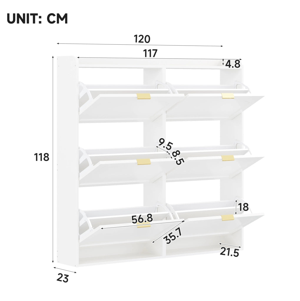 Scarpiera chiusa con 6 ante a ribalta; 120x23x118 cm; MDF e truciolare; bianca