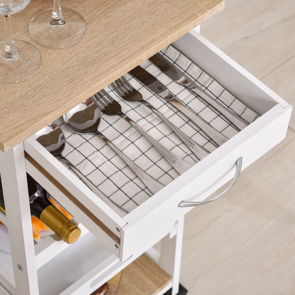 Carrello da cucina con ruote ¨C Xylo ¨C 2 ripiani + vassoio rimovibile + cassetto legno pino bianco rovere