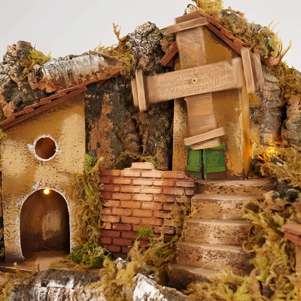 PRESEPE NAPOLETANO NATALIZIO CON MULINO ELETTRICO FATTO A MANO ARTIGIANALE