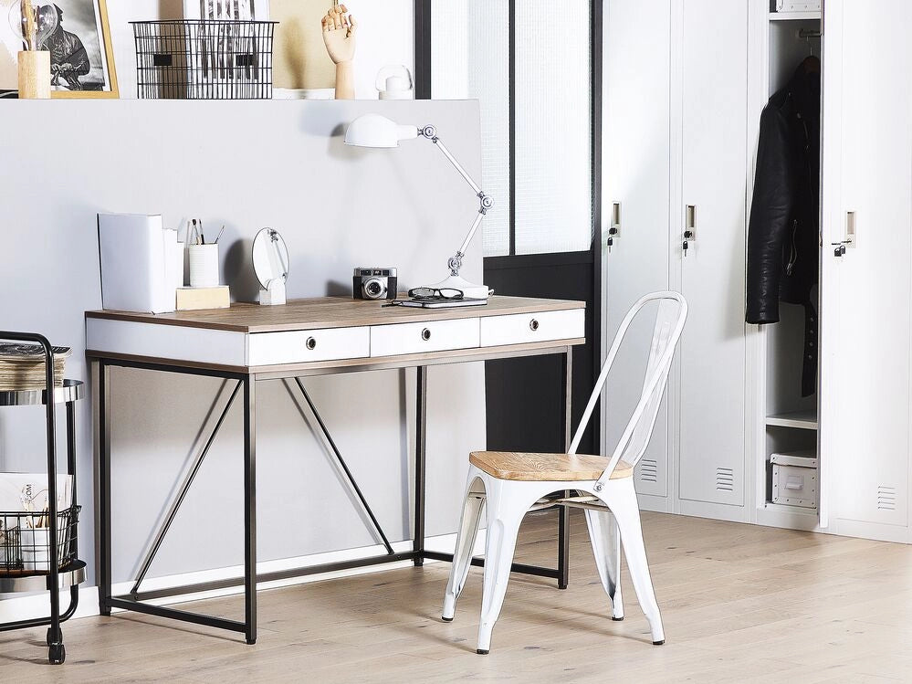 Scrivania Home Office Top in legno chiaro 120 x 60 cm con struttura verniciata a polvere nera 3 cassetti