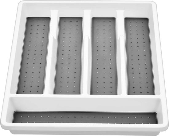 Cassetto per utensili - Cassetto in plastica con 5 contenitori - Supporto per carrello per armadi cucina - Rivestimento morbido e piedini antiscivolo in gomma - Bianco e grigio - 325 x 29 cm cassetto per utensili 47 cm profondo