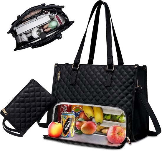 Borsa da lavoro 2-in-1 per donne, borsa da pranzo: borsa da pranzo in PU pelle con compartimento refrigerato - Borsa da lavoro con grande capacità per donne con piccolo portafoglio e compartimento da pranzo, borsa da pranzo per viaggi in trasferta (nero)