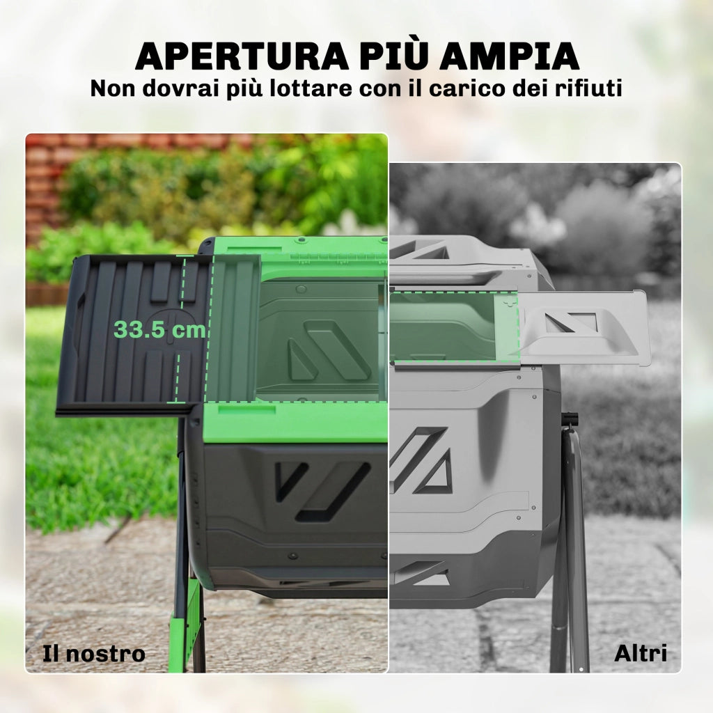 Compostiera Domestica 200L a Doppia Camera con 8 Prese D'Aria, in PP e Metallo, 94x67x98 cm, Verde e Nero
