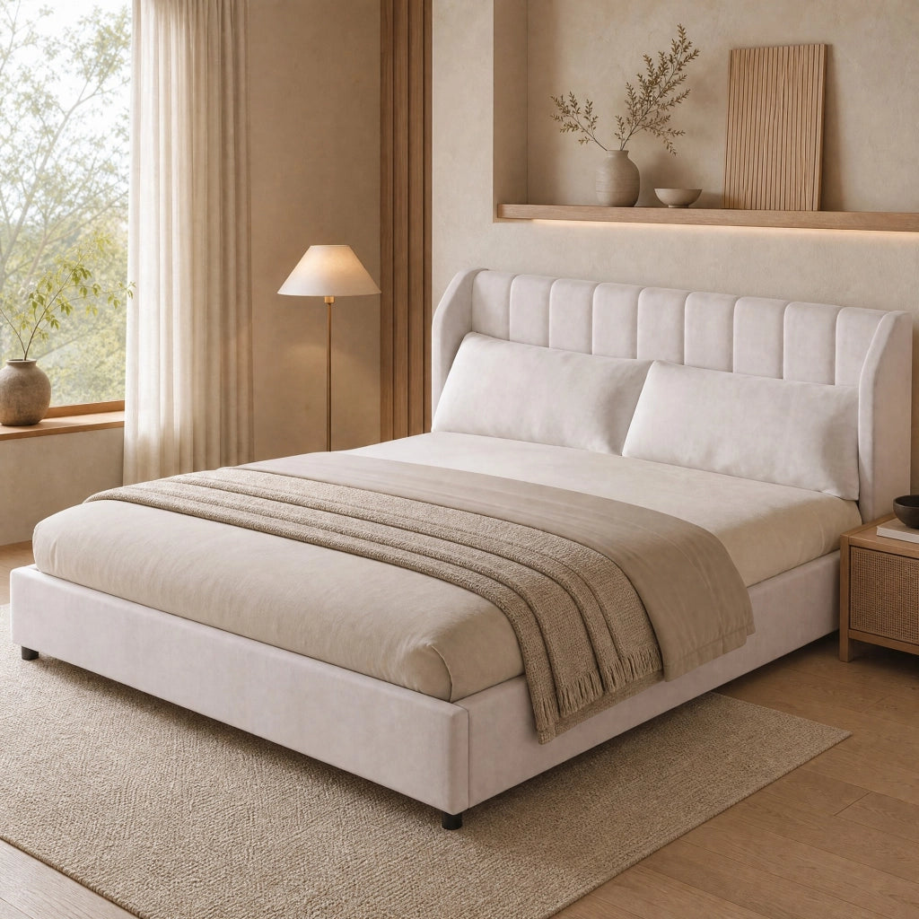 Letto imbottito 180x200 cm con testiera trapuntata e rete a doghe beige