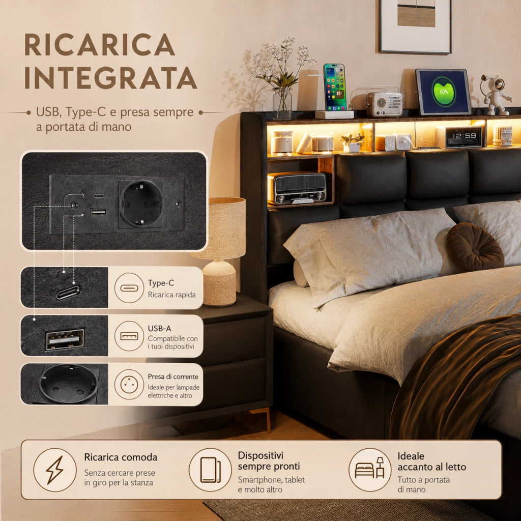 Letto matrimoniale con contenitore idraulico, testiera con vani, LED RGB, pelle sintetica nera, 140x190 cm, con porte USB e presa di corrente