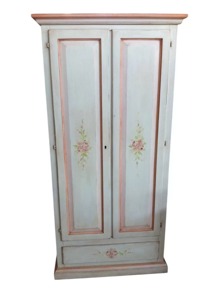 Armadio 2 porte shabby legno bianco anticato filo rosa decori 90x45x180 (474) - Mobili 2G