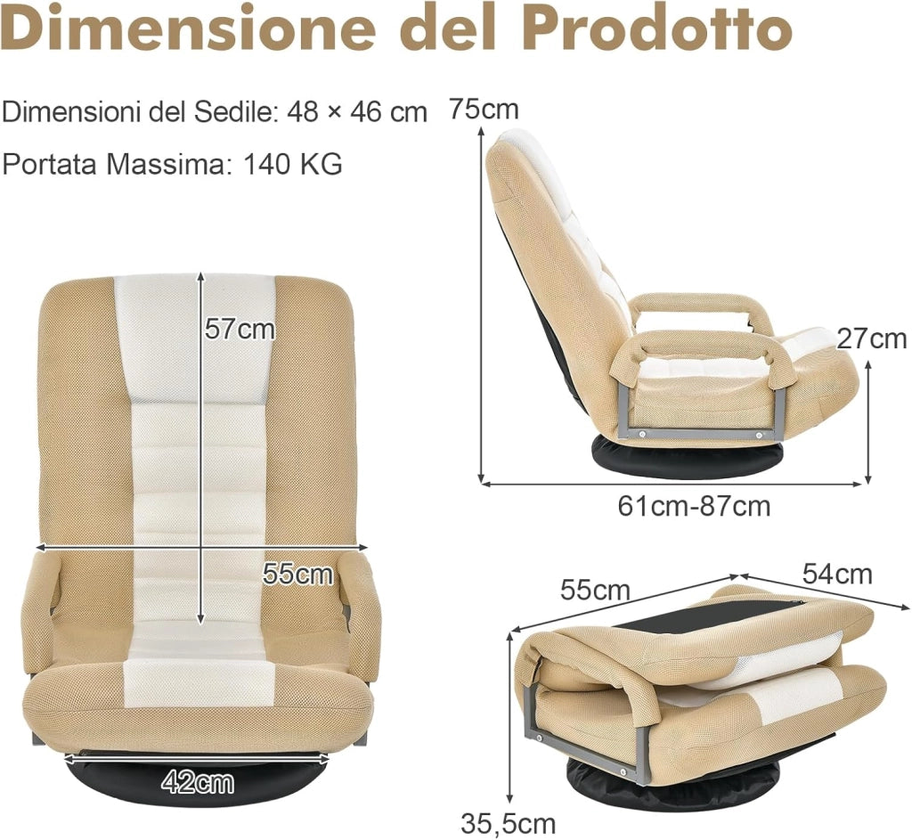 Sedia da Pavimento Pighevole, Sedia da Terra con Braccioli, Poltrona da Yoga Portatile e Girevole, Poltrona con Schienale Regolabile a 5+2 Livelli, Portata 150 kg (Marrone chiaro)
