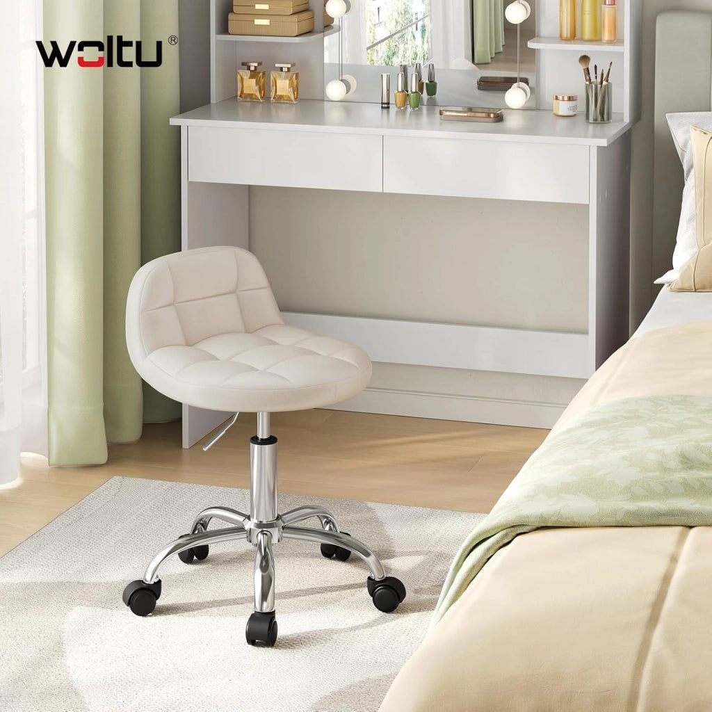 Sgabello con Ruote, Sedia da Trucco, Altezza Regolabile per Estetista Parrucchiere, Tattoo Studio e Salone, Velluto, Crema
