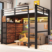 Letto a soppalco 140x200 cm nero con LED, 8 cassetti e ripiani