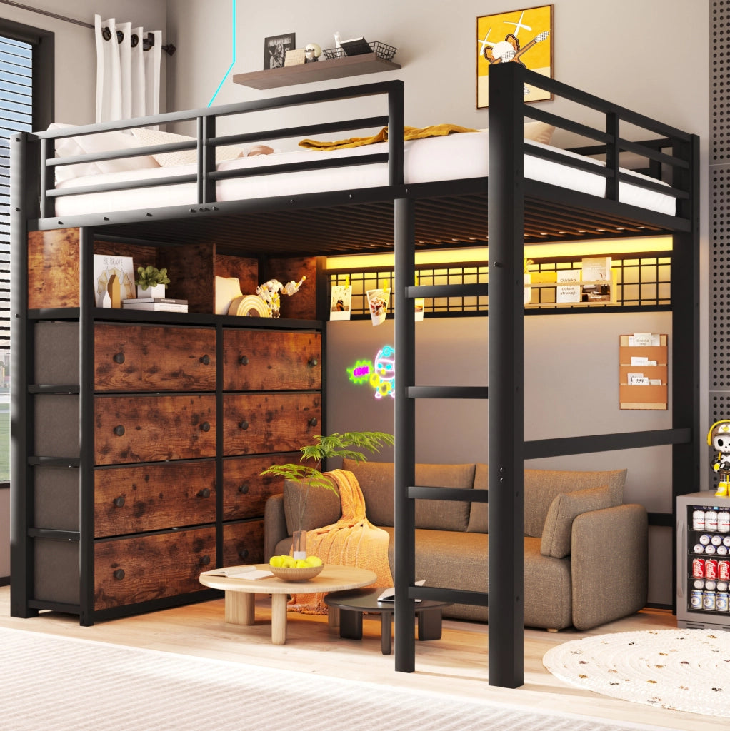 Letto a soppalco 140x200 cm nero con LED, 8 cassetti e ripiani