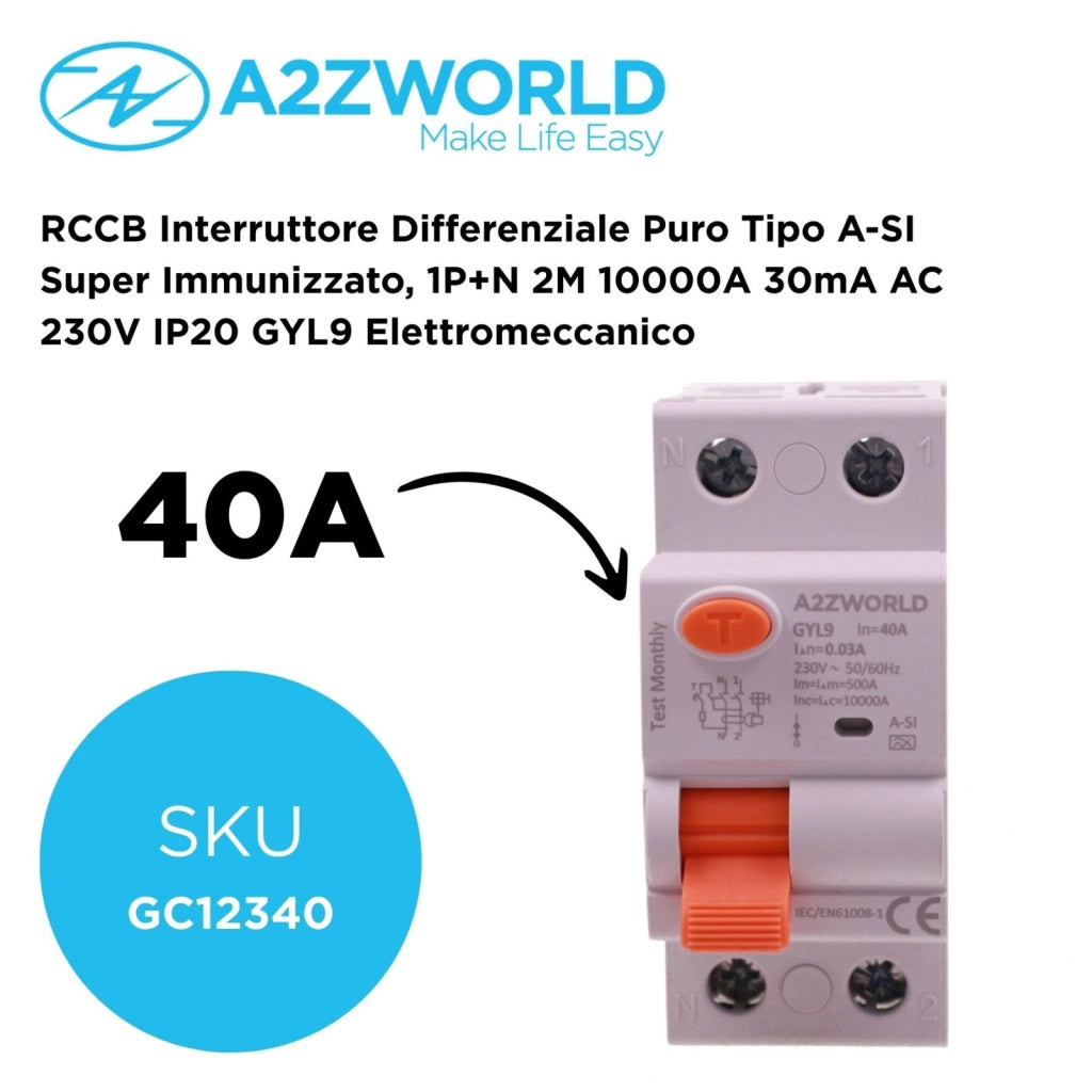 RCCB Interruttore Differenziale Puro Tipo A-SI Super Immunizzato, 1P+N 2M 10000A 30mA AC 230V IP20 GYL9 Elettromeccanico, Corrente Disponibili 25A 40A 63A 100A (40A)