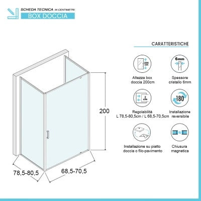 Box doccia 80x70x80 cm con porta a battente serigrafata H 200 cm Ted