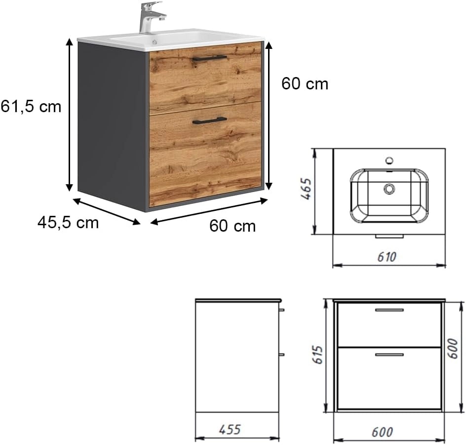 Set di mobili da bagno Lanco, Antracite/quercia dorata, 61 x 61.5 cm con lavabo, composto da mobile sottolavabo e lavabo