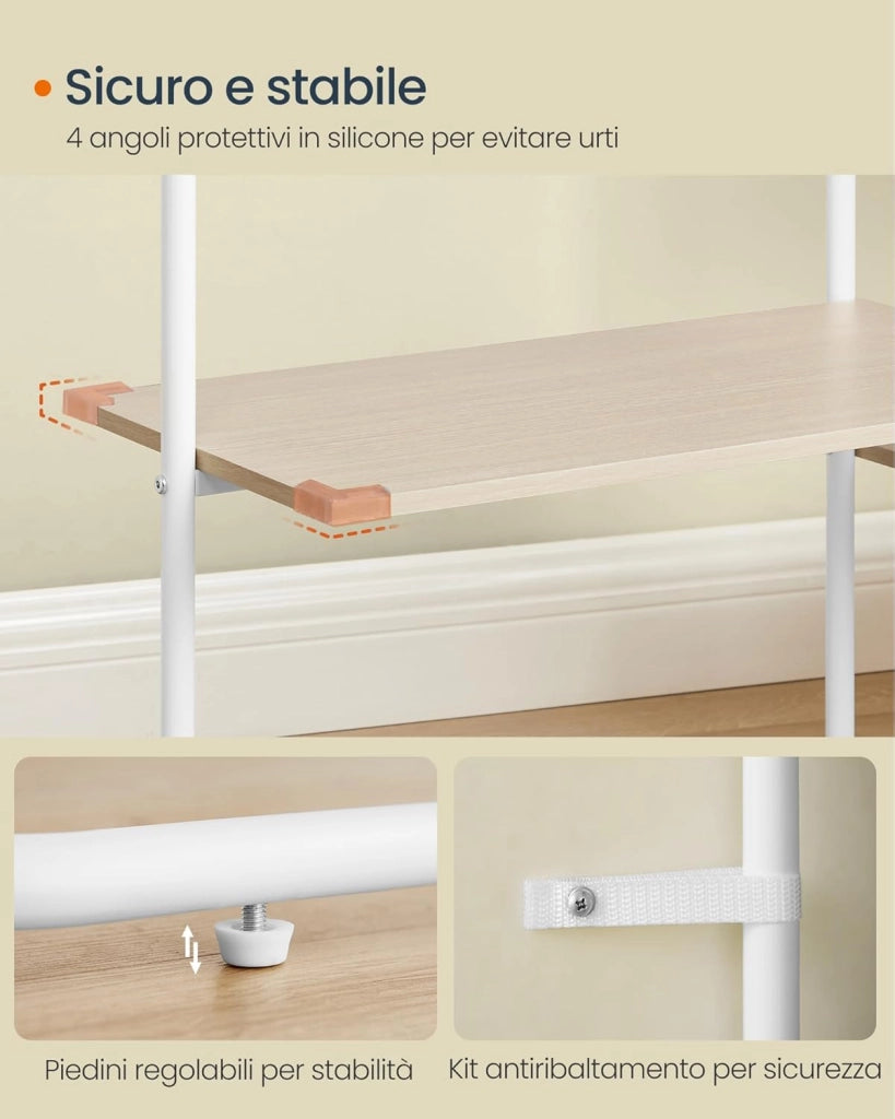 Stand Appendiabiti, Guardaroba Aperto, 6 Ripiani Portaoggetti, 2 Barre, Ganci a Forma di Fiammifero, Armadio Camera da Letto, Beige Naturale e Bianco Opaco RGR012K01