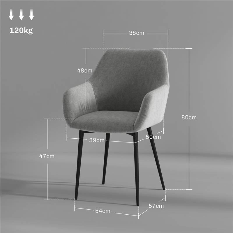 SET 2 SEDIE DA PRANZO NORDICHE IMBOTTITE CON BRACCIOLI RICURVI IN TESSUTO EFFETTO VELLUTO, 54X57X80 CM, GRIGIO SCURO