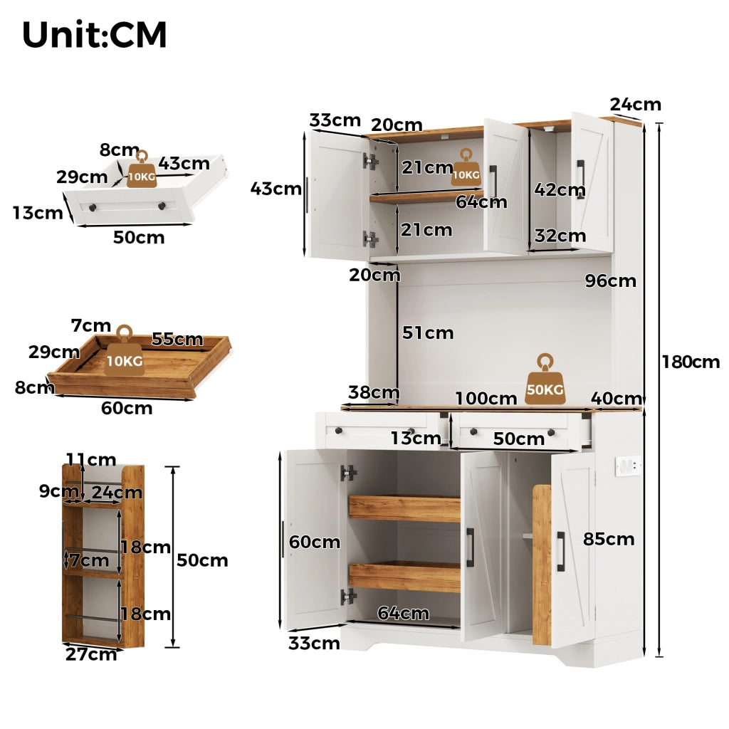 Mobile da cucina 100x40x180 cm con LED RGB; prese USB e 2 cassetti in MDF naturale e bianco