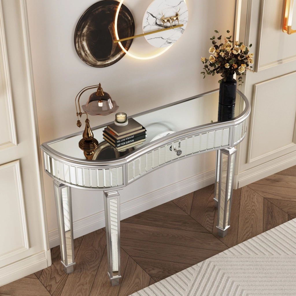 TAVOLO CONSOLLE MEZZALUNA 120 cm Grigio Argento in MDF e Vetro con Cassetto