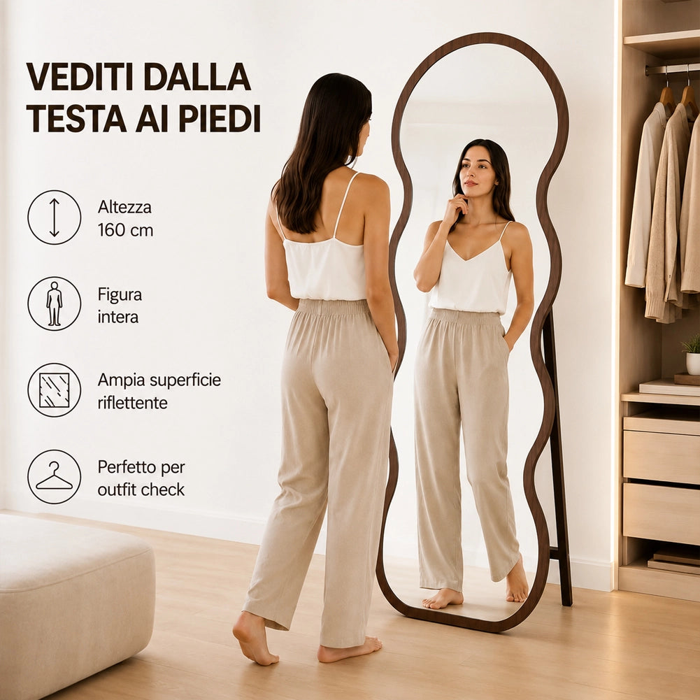 Specchio Ondulato Rovere Autoportante Struttura in Legno Design Moderno 160x60cm