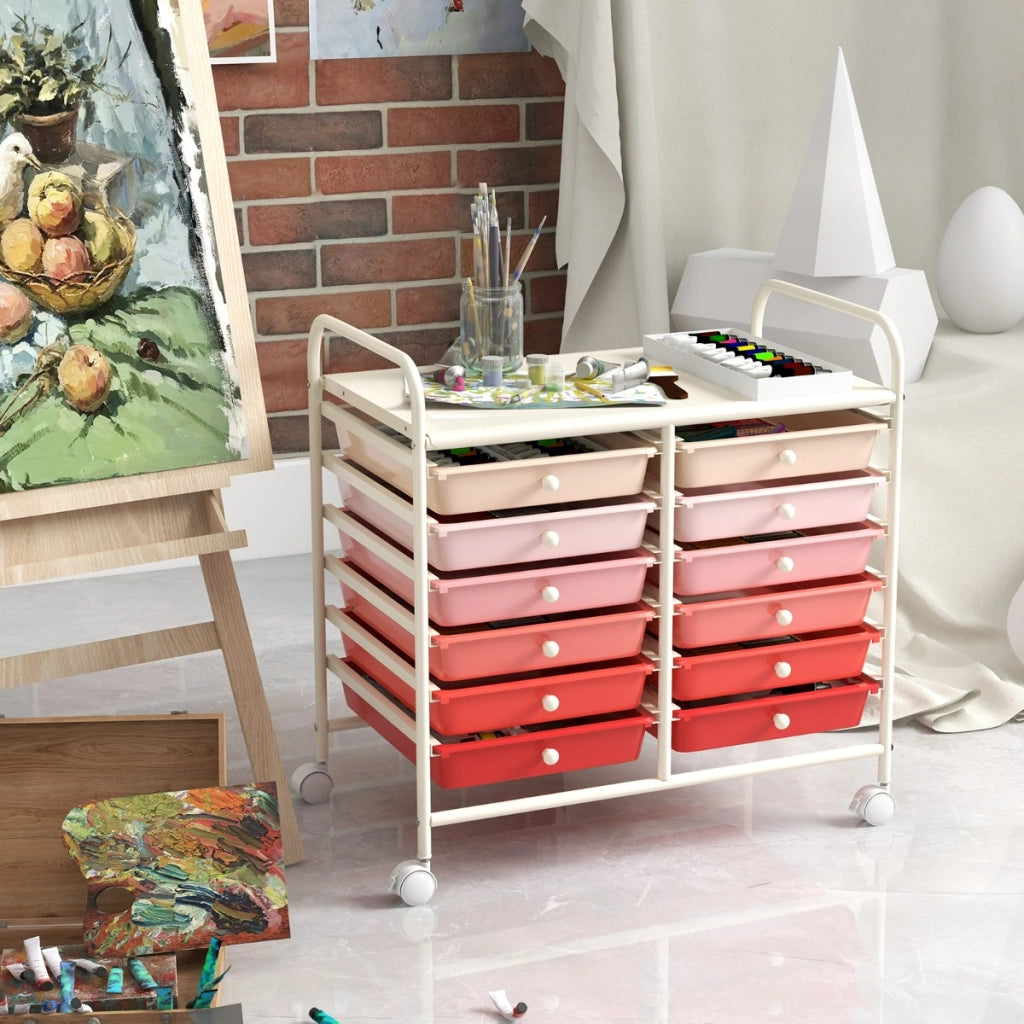 Carrello portaoggetti con 12 cassetti e ampio piano di lavoro, Cassettiera con 4 ruote per soggiorno e cucina Rosa Sfumato-Carrelli