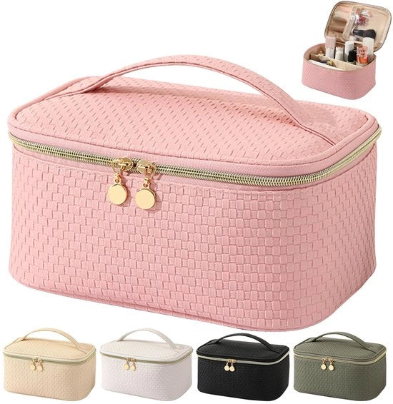 Borsa da toilette per donne, borsa da viaggio impermeabile, borsa da trucco in PU pelle, borsa da trucco grande con spazzola, organizzatore di toilette, borsa da trucco portatile (rosa chiaro)
