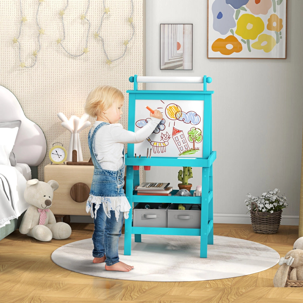 3 in 1 Kids Easel Double-Sided Magnetic Whiteboard and Chalkboard with Paper Roll, Storage Baskets - Blue
