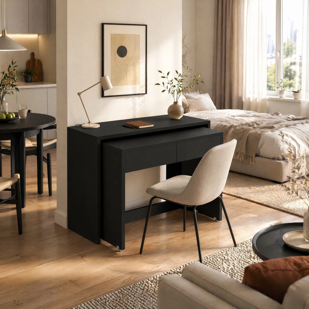 Scrivania pieghevole 2 in 1 con ruote e 2 cassetti, 110×40×78 cm, colore nero