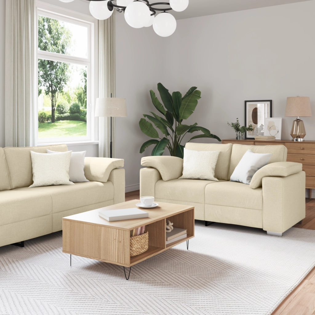 Set Divano 3 Pezzi con Cuscini in Tessuto Crema