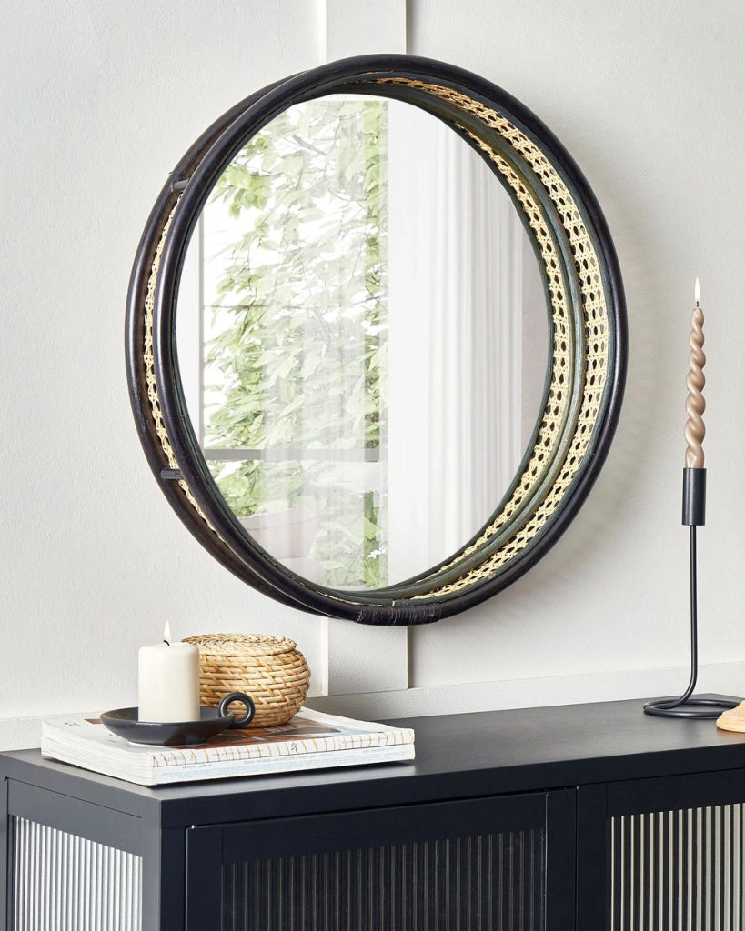 Specchio da parete Luce Rattan Nero 60 cm Appeso Home Decor Intreccio Viennese Design Soggiorno Corridoio Camera da letto Boho Moderno
