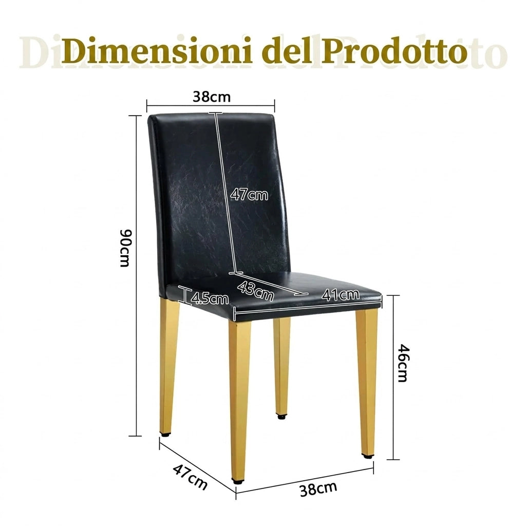Set di 4 sedie da pranzo 41x47x90 cm; ecopelle nera e metallo oro