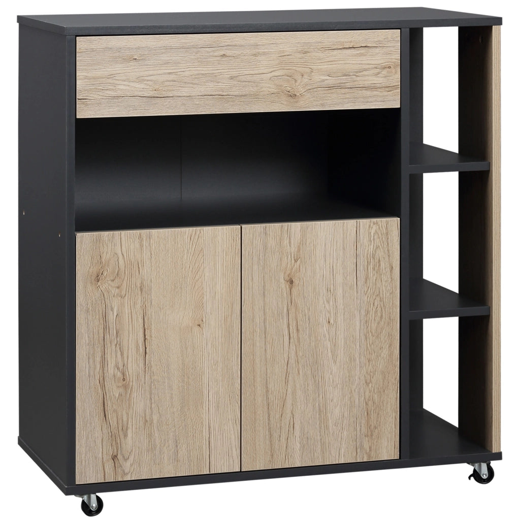 EasyComfort Carrello da Cucina Multiuso con Cassetto, Armadietto e Scaffale, 80x39x86.5cm, Legno e Nero