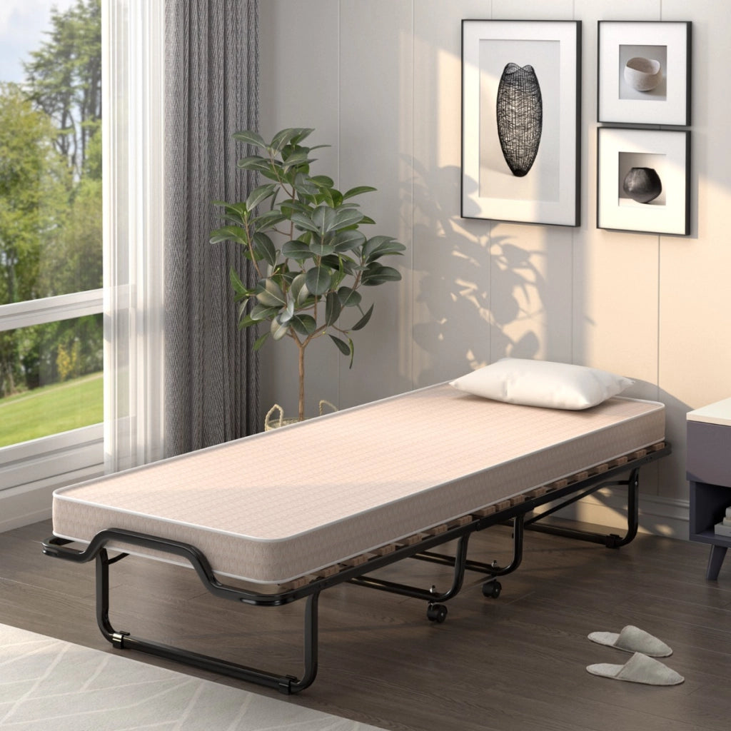 Letto brandina con materasso in memory foam struttura resistente 4 ruote girevoli-Lettino pieghevole per casa Beige