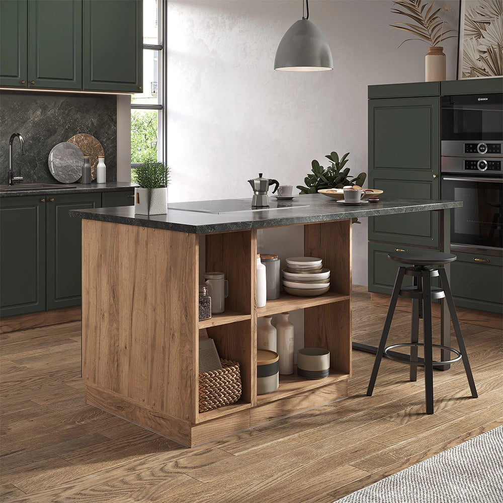 Isola cucina Fame-Line Verde-oro rustico/Rovere dorato 90 cm con cassetto, senza piano di lavoro Vicco