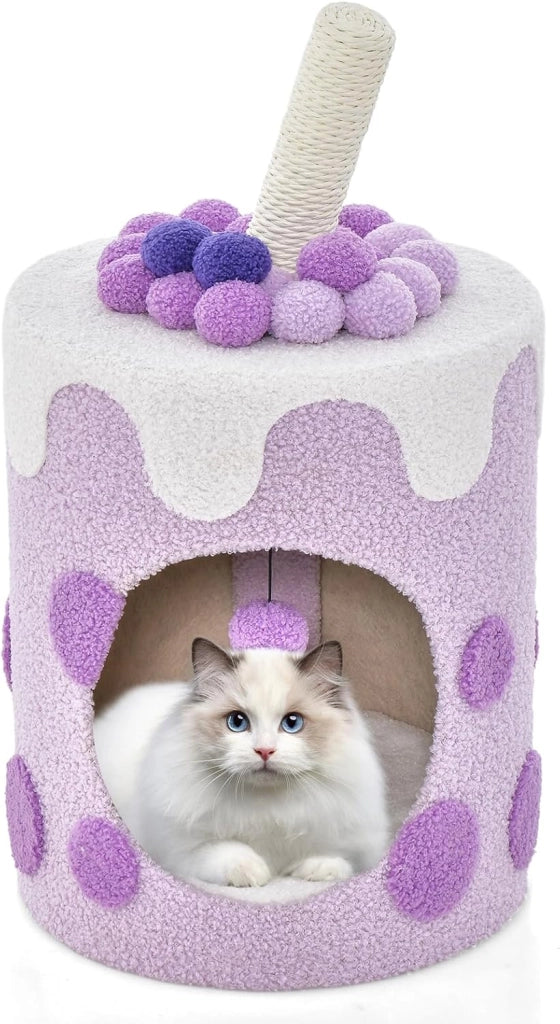 Cuccia per Gatti a Forma di Bubble Tea, Casetta per Gatti con Tiragraffi in Sisal e Palline Appese, Albero per Gattini da Interno, 37 cm x 37 cm x 67 cm (Viola e Bianco)