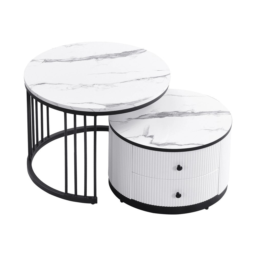 Set 2 Tavolini da Salotto Rotondi ¨C Xylo ¨C Bianco Lucido, Effetto Marmo, 2 Cassetti, 60x60x45 & 50x50x32