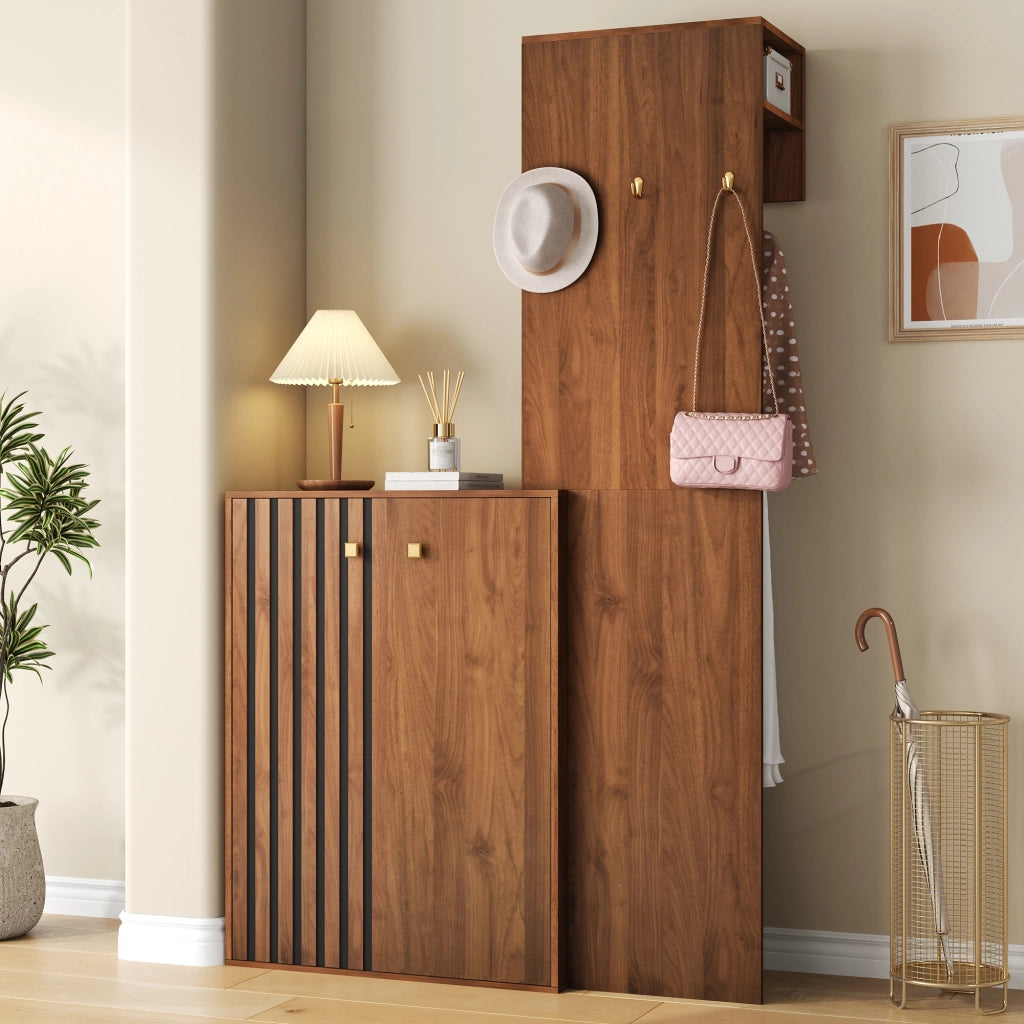 Guardaroba compatto 115x38.5x191.5 cm con scarpiera e ripiani regolabili in MDF noce