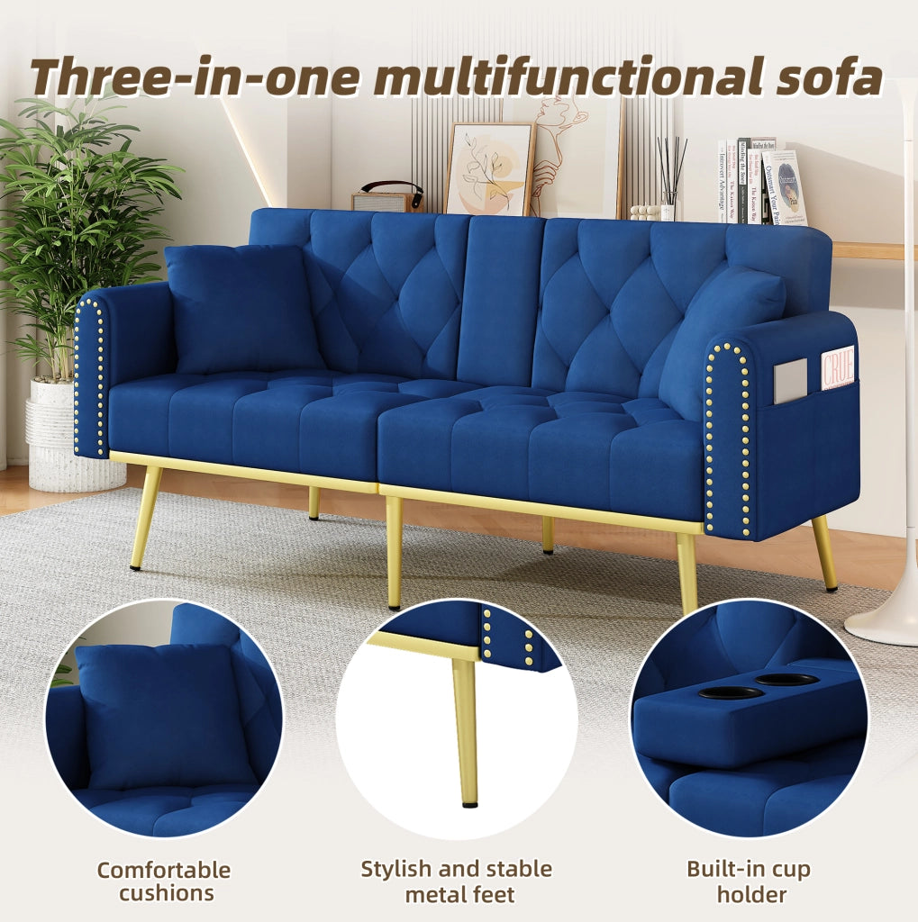 Divano letto 175x80x73，5 cm in velluto blu con portabicchieri