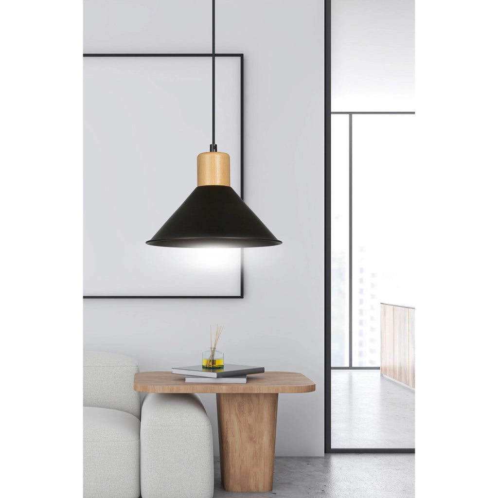 Sospensione Nordica 1 Luce Chandra In Acciaio Nero E Legno