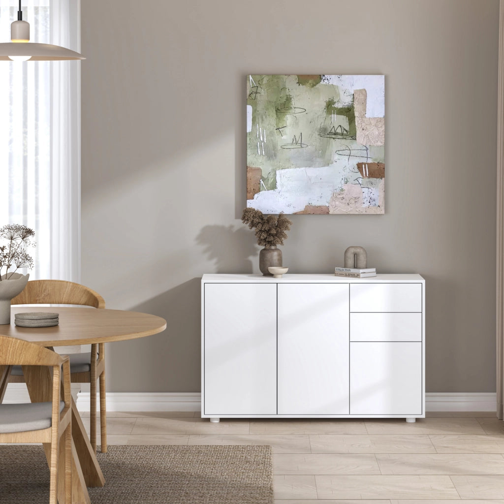 Credenza Paarl Comò con 3 Ante e 2 Cassetti 74x117x36 cm - Bianco Opaco [en.casa]