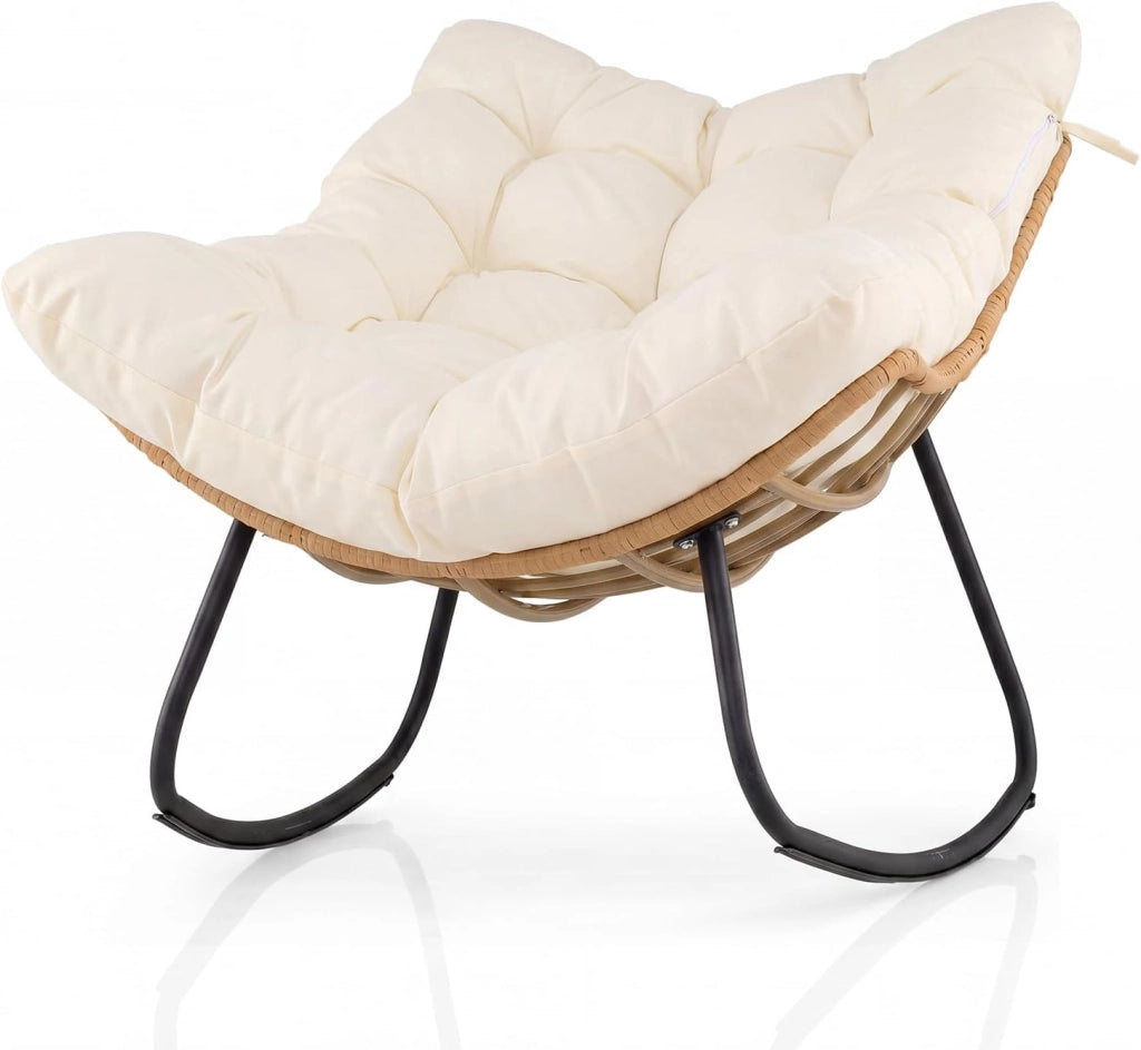Sedia a Dondolo da Esterno, Poltrona a Dondolo da Interno con Cucscino Morbido, Struttura in Metallo e Rattan PE, per Terrazza, Bordo Piscina, Balcone, Soggiorno, 116 X 88 X 92 CM (Beige)