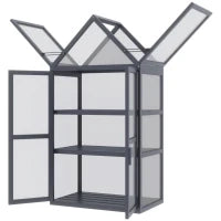 Mini Serra 3 Ripiani Orto Piante con Tetto Apribile Doppie Porte, in Legno Policarbonato, Resistente alle Intemperie, 70.5 x 42 x 132 cm, Naturale
