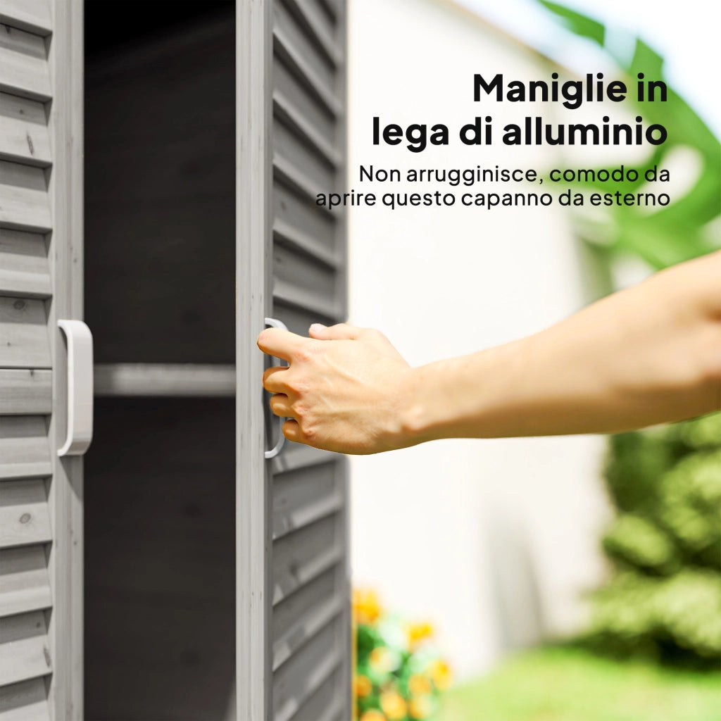 Armadio da Giardino in Legno di Abete con Porte a Persiana e 2 Ripiani, 87x46.5x96.5cm, Grigio