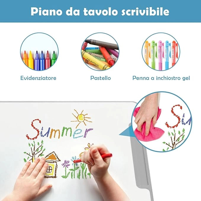 Set Scrivania e Sedia per Bambini, Tavolo Regolabile in Altezza con Piano Inclinabile 45° e Luce LED 3 Modalità, Tavolo e Sedia Ergonomica in Materiali Sicuri per 4+ Anni (Grigio)
