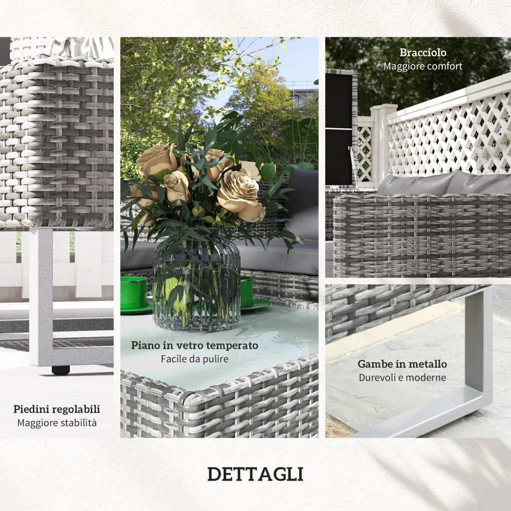 Set da Giardino 4 Pezzi con 2 Divani 2 Posti, Tavolino da Caff¨¨ e Tavolino Alto, in Acciaio e Rattan