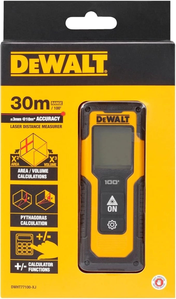 Misuratore Laser DeWALT DWHT77100‑XJ – 30 m, IP54, Calcolo Area/Volume/Pitagora
