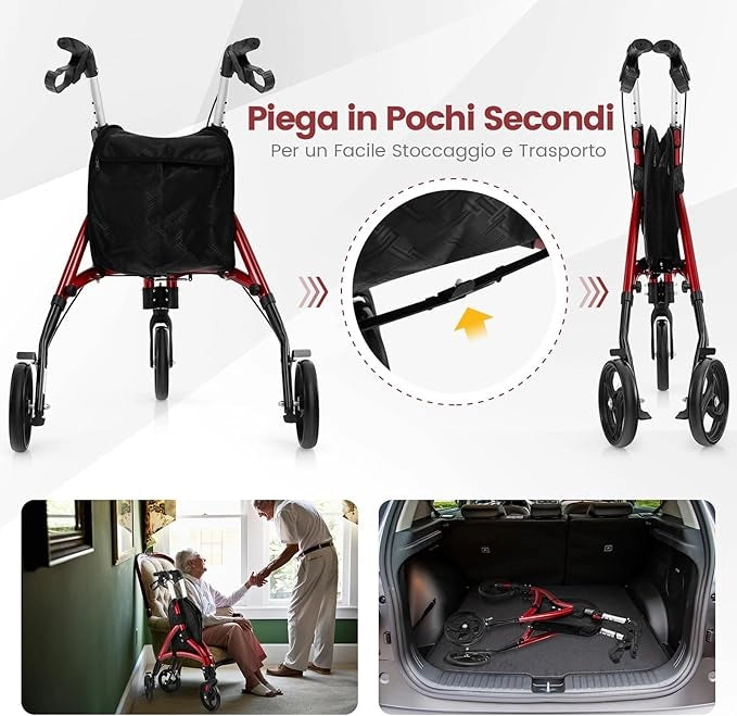 Deambulatore per Anziani in Alluminio Ultraleggero a 3 Ruote, Rollator per Anziani Pieghevole e Regolabile in 6 Livelli 86-96 cm con Borsa e Ruote Bloccabili, Portata 136 kg (Rosso)