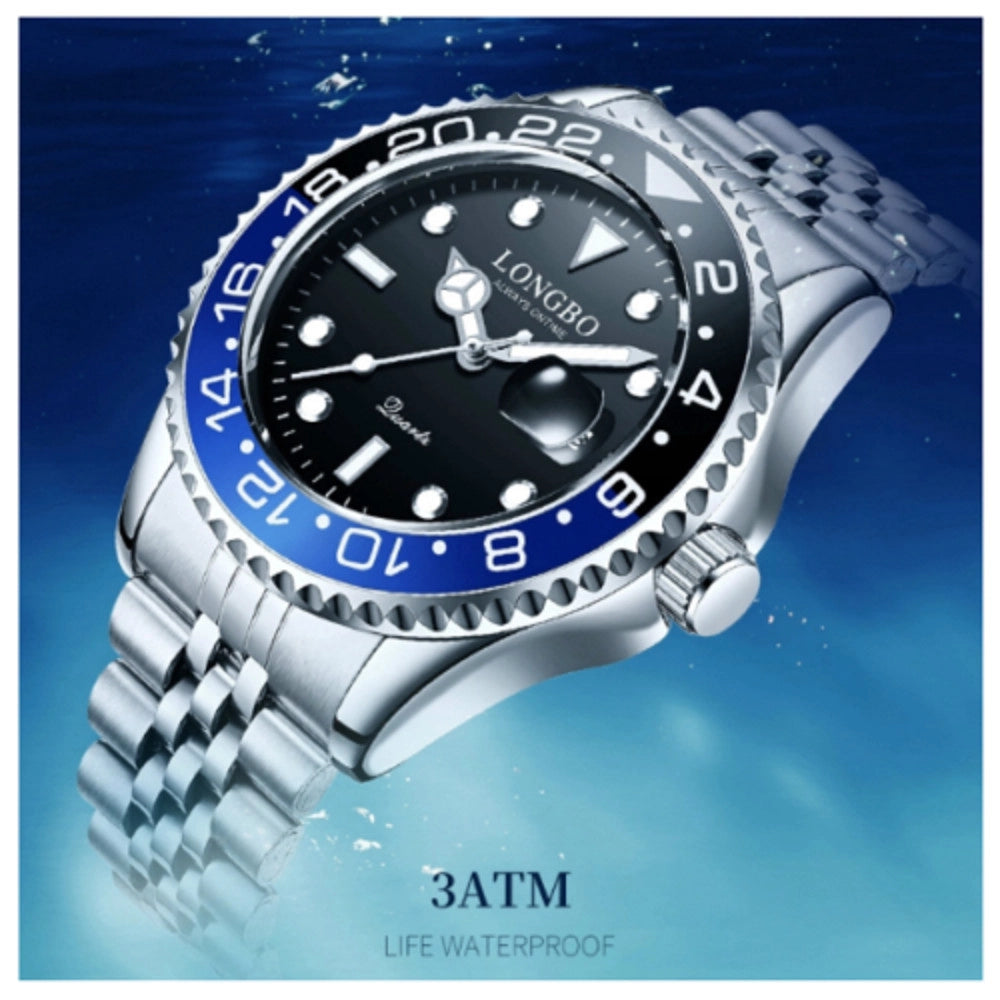 Trade Shop - Orologio Polso Uomo Acciaio Quarzo Silver Blu Nero Nautica Mare Longbo Subacqueo -